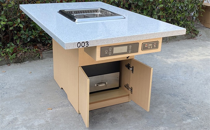 4-seat marble countertop smoke-free hot pot table with built-in purification and exhaust