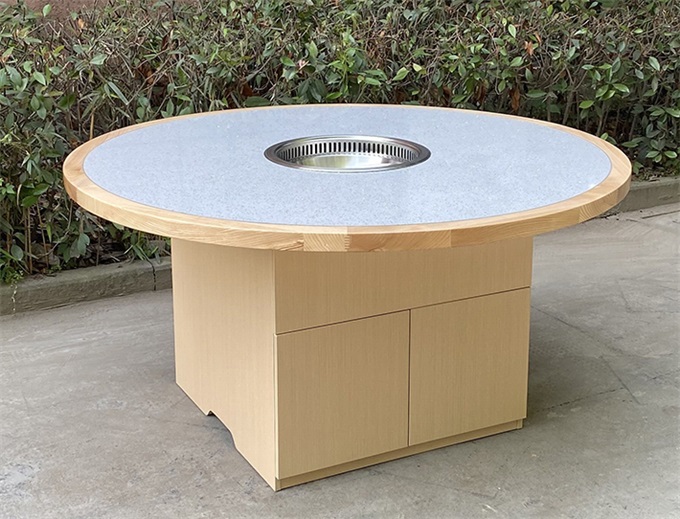 Solid wood edged marble countertop smokeless purification round hot pot table